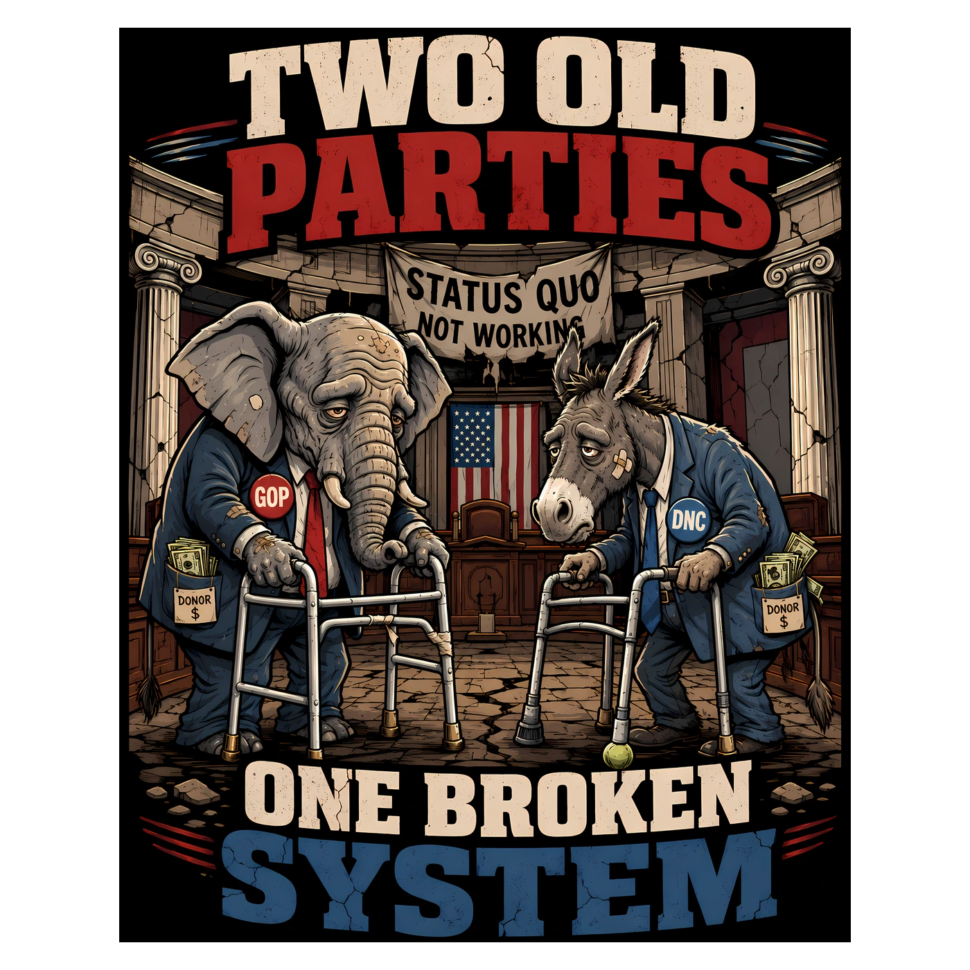 Two Old Parties, One Broken System graphic design artwork